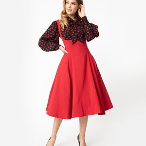 Unique Vintage 1950s Red Amma Suspender Swing Skir